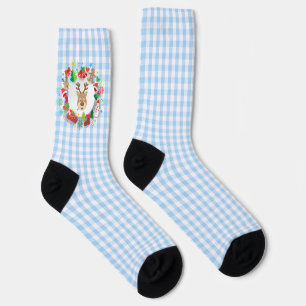 Pale Blue Sky Gingham Reindeer Christmas Stocking Socks