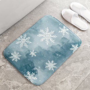 Pale Blue Snowflakes Watercolor Winter Bath Mat
