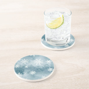 Pale Blue Snowflakes Watercolor Winter Coaster