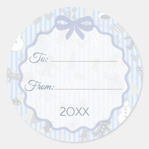 Pale Blue Stripes Bow Christmas To From Custom Classic Round Sticker