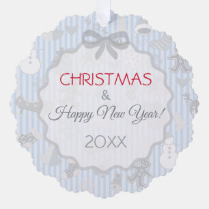 Pale Blue Stripes Bow Whimsical Christmas Silver Tree Decoration Card