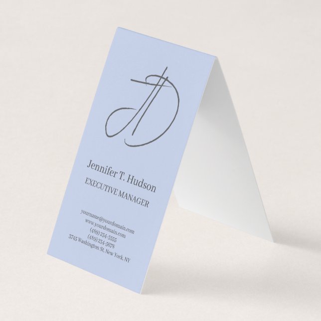 Pale blue trendy classical monogram vertical  business card (Front)