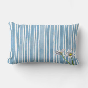 Pale Blue Uneven Striped Floral Watercolor Daisy Lumbar Cushion