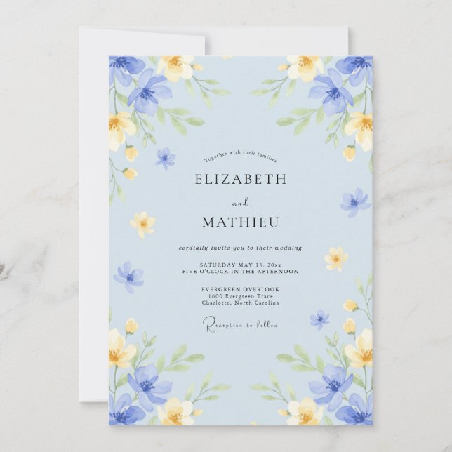 Pale Blue Whimsical Blossom Wedding Invitation (Front)