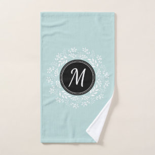 Pale Blue White Floral Wreath Black Monogram Hand Towel