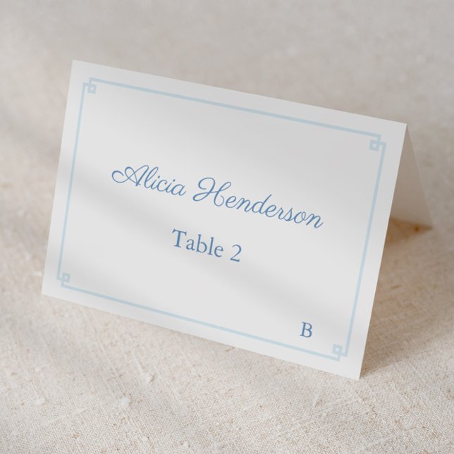 Pale Blue White Greek Key Wedding Place Card (Pale blue and white Greek Key border and backer individual place card for wedding or baby shower)