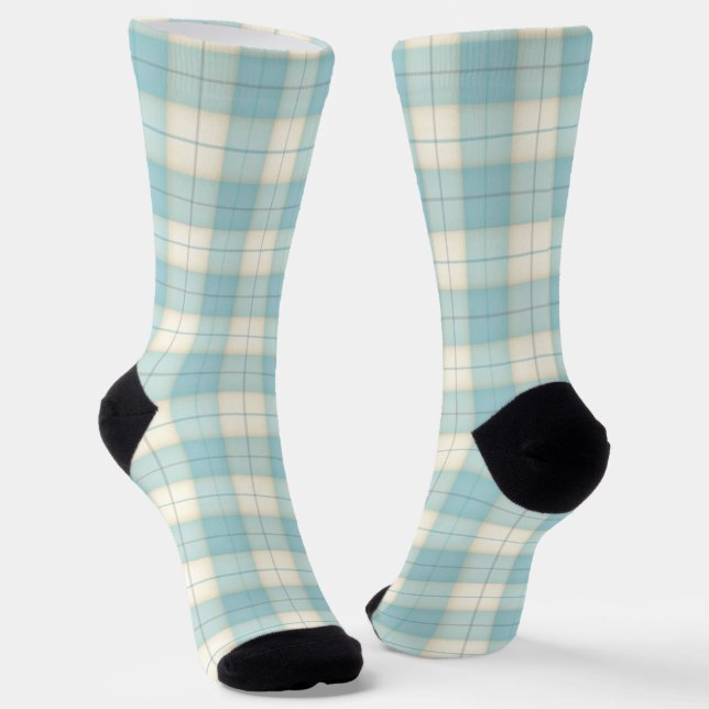 Pale Blue & White Tartan Plaid Fun Socks (Angled)