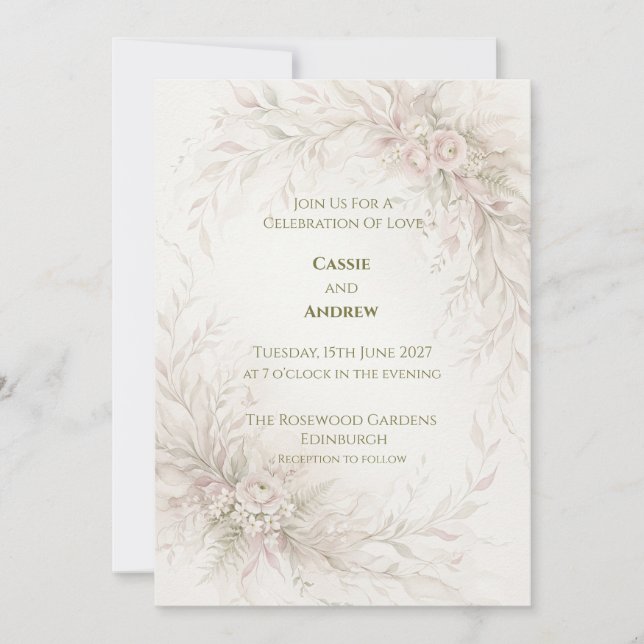 Pale Blush Ivory Watercolor Wedding Invitation (Front)