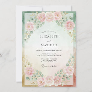 Pale Blush Mint Peony Wedding Invitation