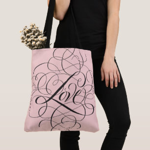 Pale Blush Pink Flourished LOVE Script Lettering Tote Bag