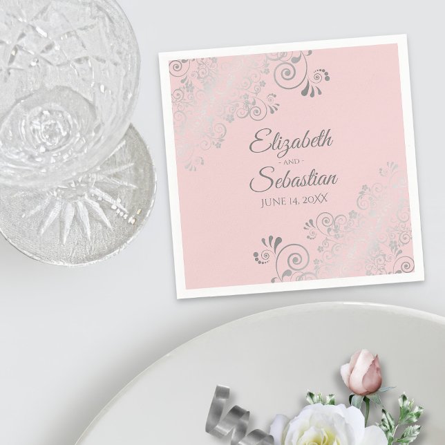Pale Blush Pink & Silver Frills Elegant Wedding Napkin (In Situ with Plate)