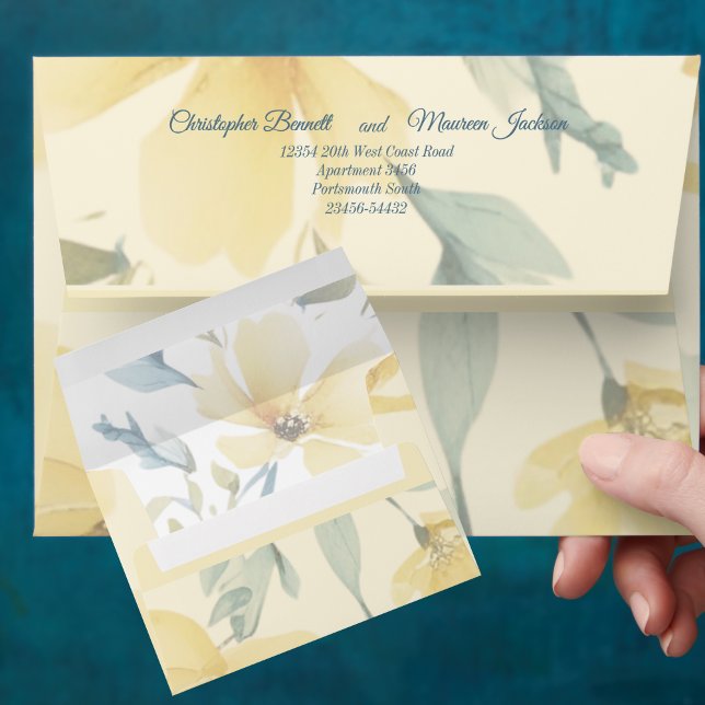 Pale Butter Yellow Soft Blue Floral Wedding Envelope (Butter Yellow & Pale Blue Floral Wedding envelope with return address.  Use with wedding stationary)