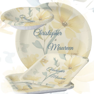 Pale Butter Yellow Soft Blue Floral Wedding Paper Plate