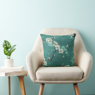 Pale Cherry Blossoms on Light Teal Background Cushion