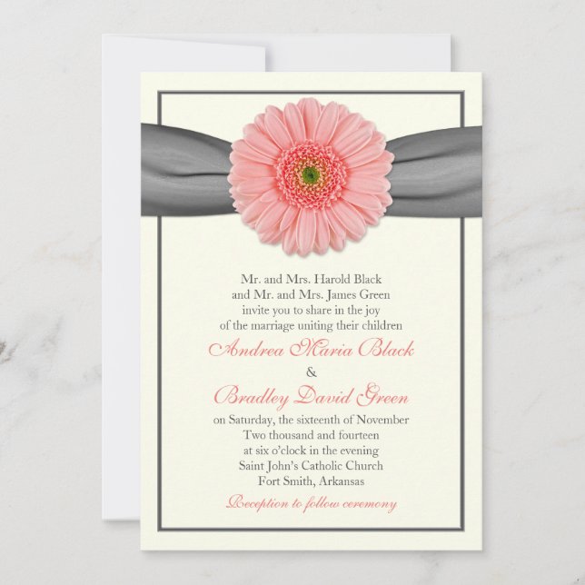 Pale Coral Gerbera Grey Ribbon Wedding Invitation (Front)