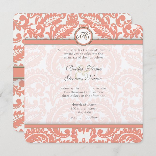 Pale Coral & Gray Damask  Wedding Invitations (Front/Back)