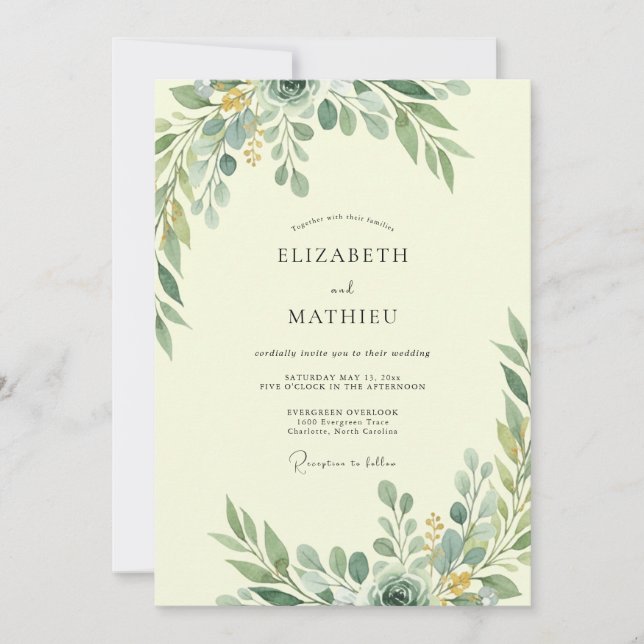Pale Cream Olive Foliage Eucalyptus Wedding Invitation (Front)