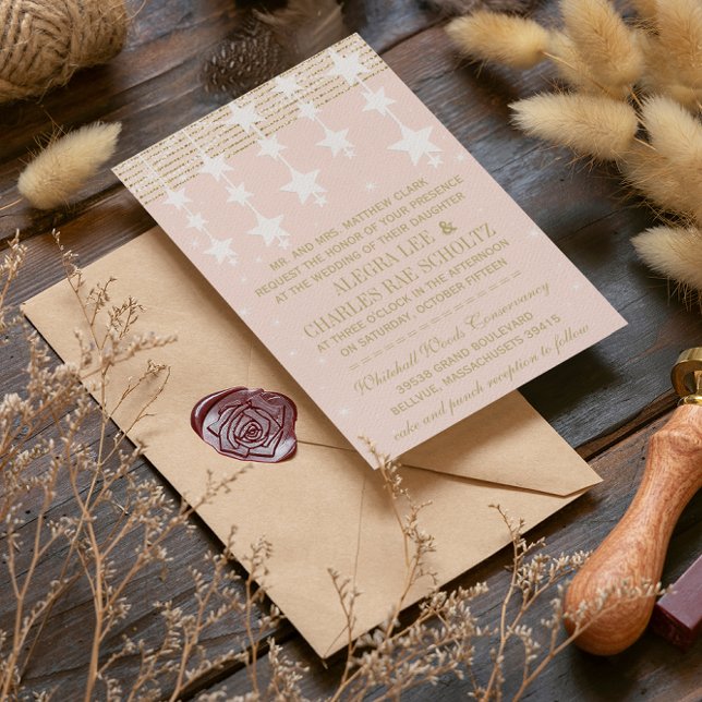 Pale Dogwood and Gold Wedding Under the Stars Invitation (Creator Uploaded)