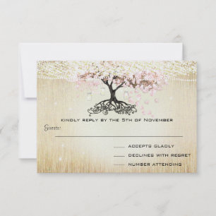 Pale Dogwood Heart Leaf Tree Gold Wedding RSVP Card