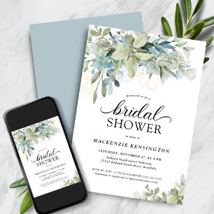 Pale Dusty Blue Eucalyptus Greenery Bridal Shower Invitation