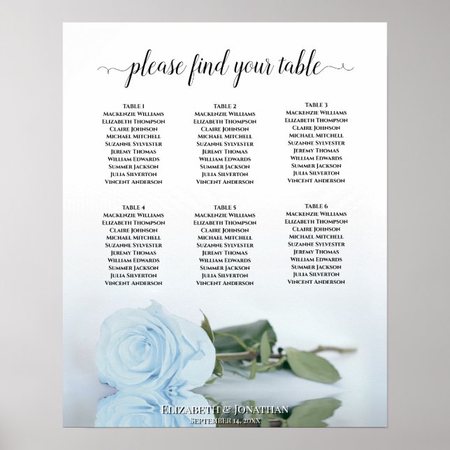 Pale Dusty Blue Rose 6 Table Wedding Seating Chart (Front)