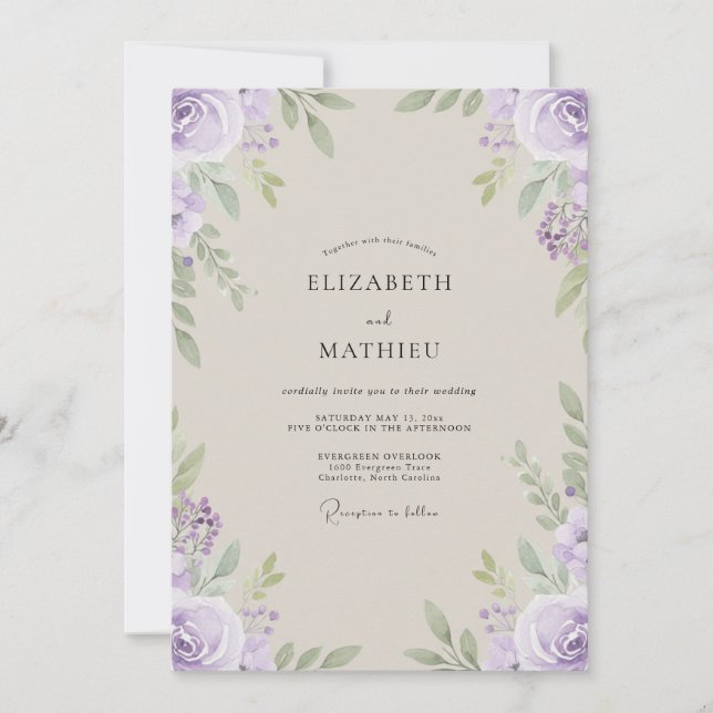 Pale Dusty Lilac Leafy Wedding Invitation (Front)
