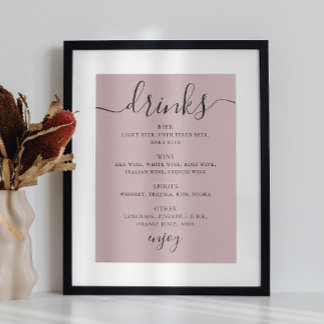 Pale dusty pink script wedding alcohol drinks bar poster