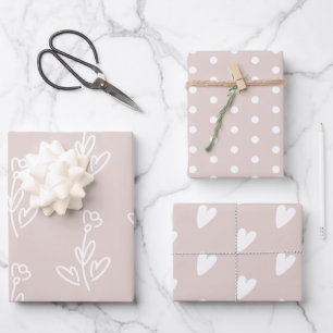 Pale Dusty Rose Flowers Hearts Polka Dots Wrapping Paper Sheet
