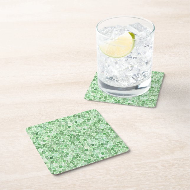 Pale Emerald and Pistachio Cobbled Patchwork Square Paper Coaster (Insitu)