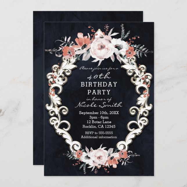 Pale Floral Dark Chalk Elegant Birthday Party Invitation (Front/Back)