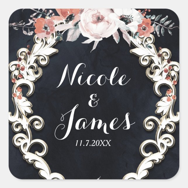 Pale Floral Dark Chalk Elegant Winter Wedding Square Sticker (Front)