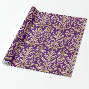 Pale Gold Floral Damask Royal Purple Velvet Wrapping Paper