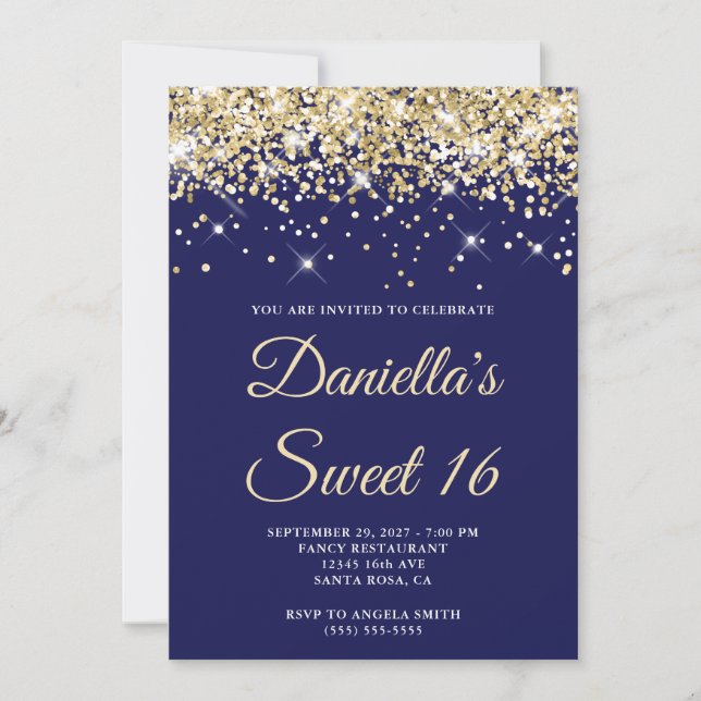 Pale Gold Glitter Navy Sweet 16 Invitation (Front)