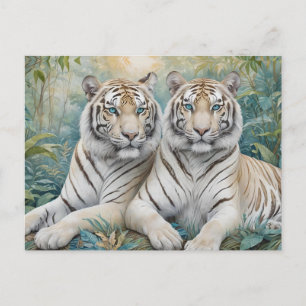 Pale Golden Tigers in a Blue Green Jungle Postcard