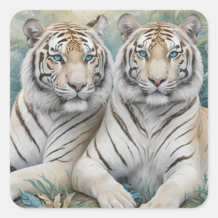 Pale Golden Tigers in a Blue Green Jungle Square Sticker