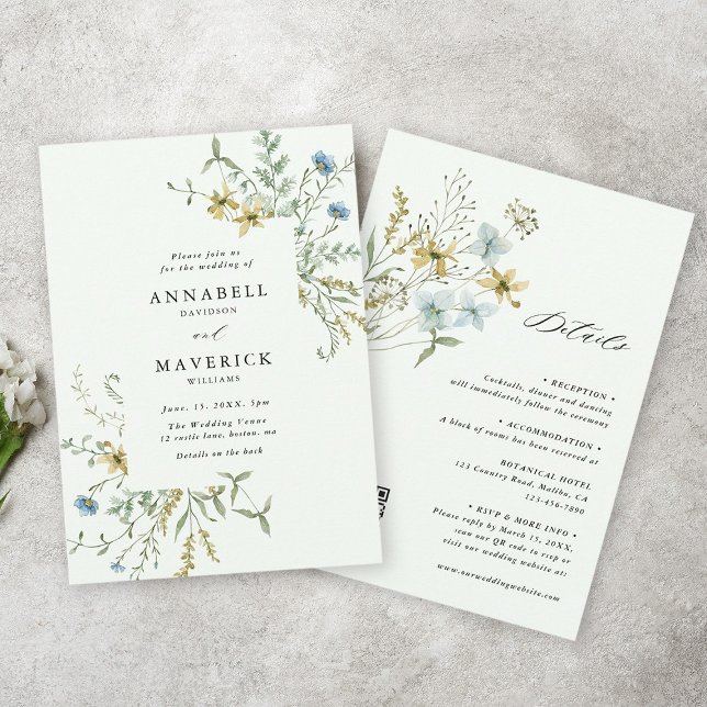 Pale Green All In One Delicate Wildflower Wedding Invitation (Front & Back)