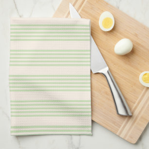 Pale green and beige five stripes pattern tea towel