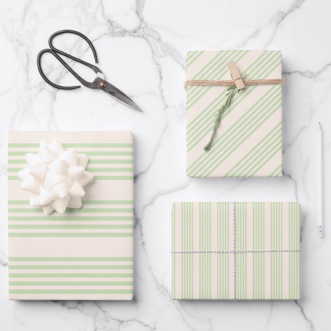 Pale green and beige five stripes pattern wrapping paper sheet (Front)