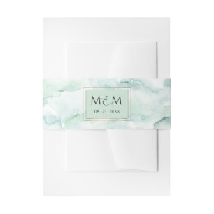 Pale Green and Blue Watercolor Wedding Initials Invitation Belly Band
