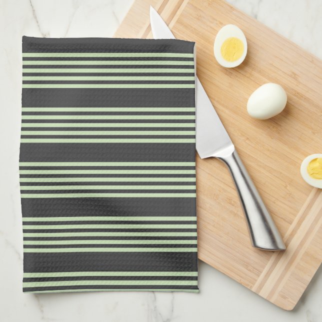 Pale green and charcoal five stripes pattern tea towel (Quarter Fold)