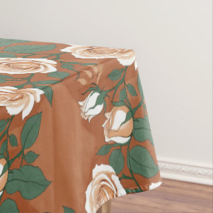 Pale Green And Cream Roses On A Warm Terracotta  Tablecloth