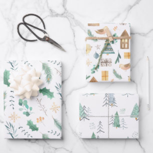 Pale Green and Gold Scandinavian Christmas Pattern Wrapping Paper Sheet