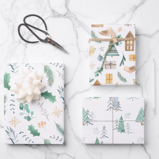 Pale Green and Gold Scandinavian Christmas Pattern Wrapping Paper Sheet (Front)