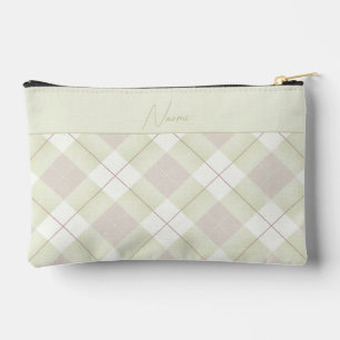pale Green and Mauve Pink Plaid with Name Accessory Pouch