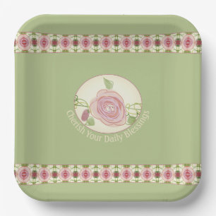Pale Green and Pink Floral Accented Square Paper Plate