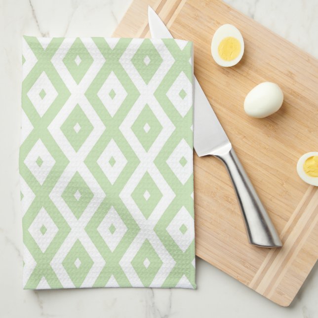 Pale green and white diamond pattern tea towel (Quarter Fold)