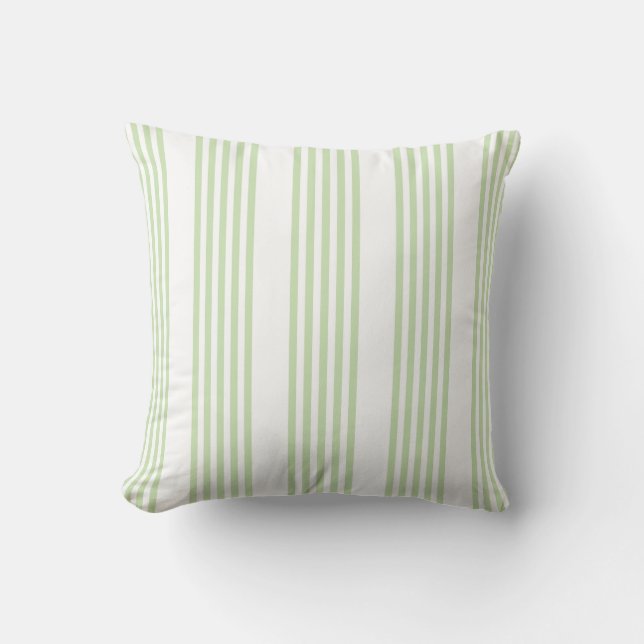 Pale green and white five stripes pattern cushion (Front)