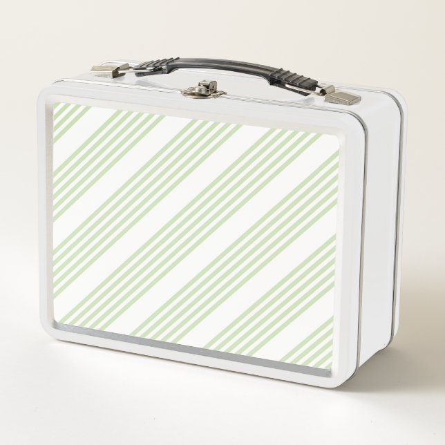 Pale green and white five stripes pattern metal lunch box (Front)