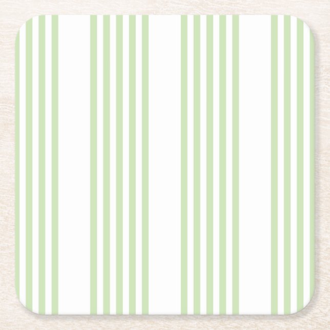 Pale green and white five stripes pattern square paper coaster (Front)