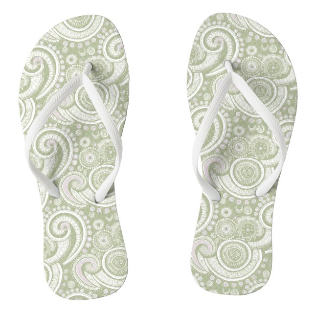 Pale Green and White Paisley Pattern Jandals (Footbed)